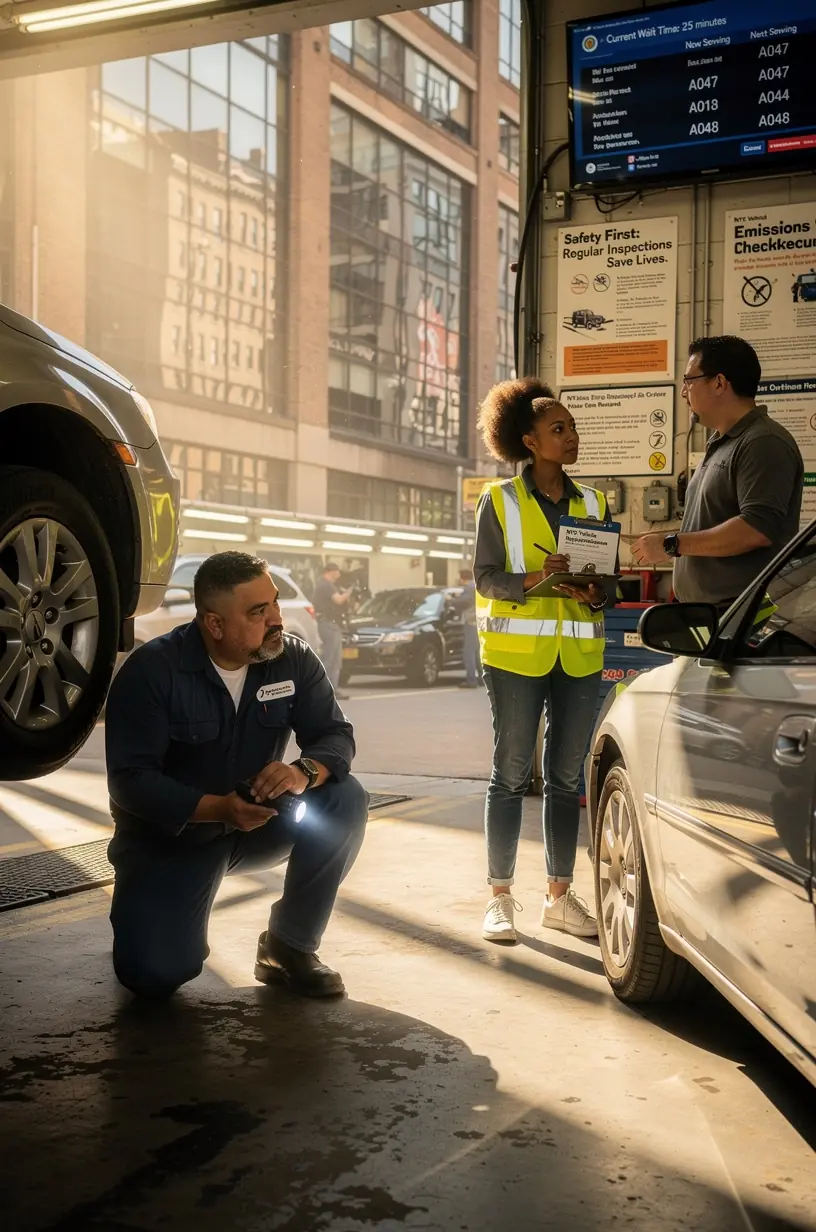 Digital display showing inspection status and compliance certifications for vehicles in New York.